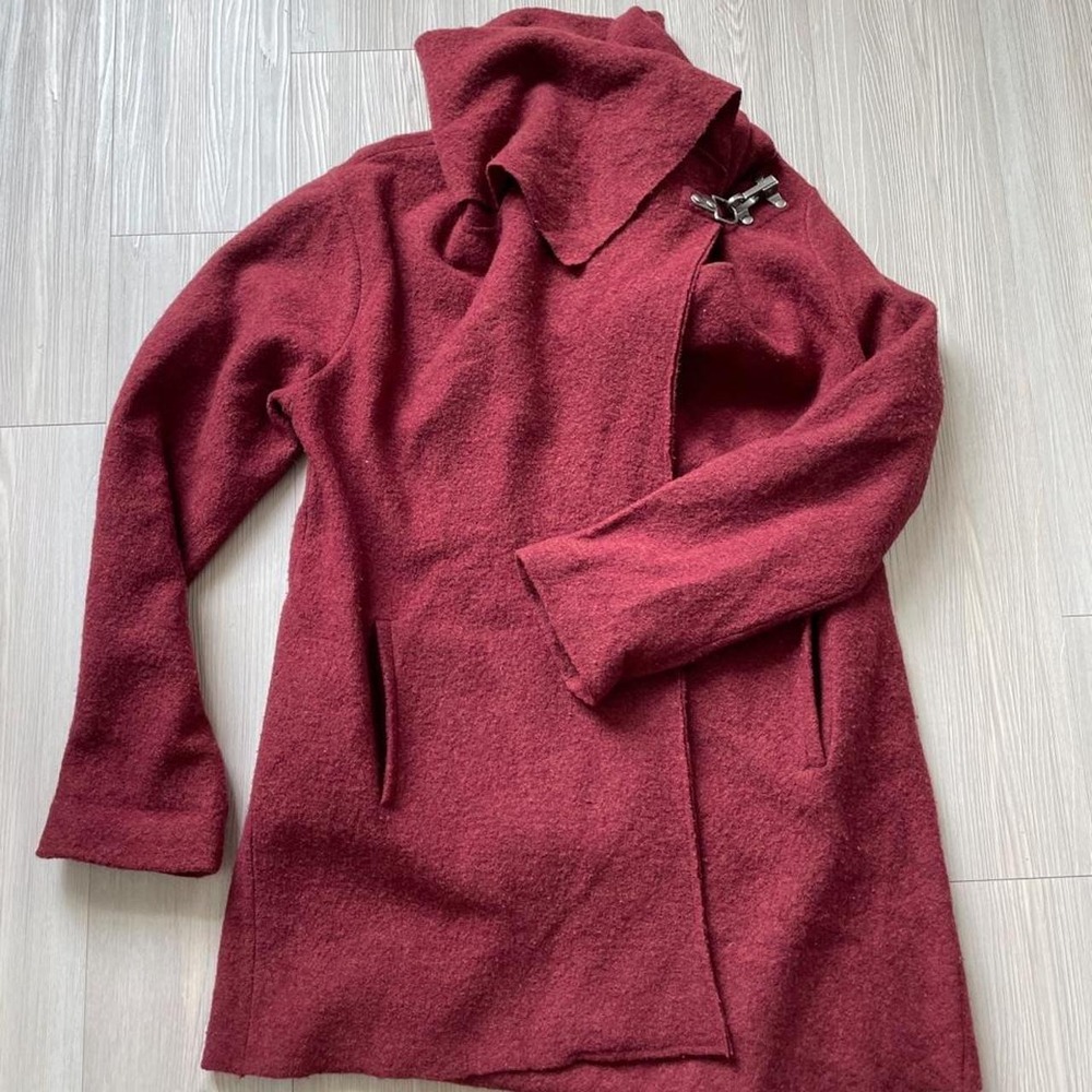 Garnet Hill Women's Red Wool Asymmetrical Coat Size 12P Wrap Cardigan